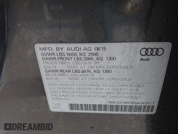 2016 Audi Q5 Premium Plus z VIN WA1D7AFPXGA042617, wystawiony jako IAAI lot #41077195 z przebiegiem 161 239 mil mil oraz . Historia ofert i sprzedaży dostępna na DreamBid. Obrazek 9.