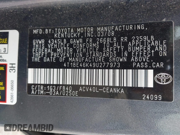 2009 Toyota Camry with VIN 4T1BE46K49U277973, listed as a IAAI auction lot 42059451 with 176,202 mi miles. Bid and sale history available at carsss.com. Image 9.