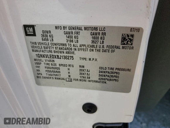 2011 Chevrolet Traverse LTZ with VIN 1GNKVLEDXBJ136275, listed as a Copart auction lot 49189215 with 199,142 mi miles and Salvage Title. Bid and sale history available at DreamBid. Image 13.