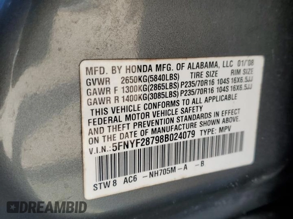2008 Honda Pilot EX-L with VIN 5FNYF28798B024079, listed as a Copart auction lot 49900565 with 173,439 mi miles and Non Repairable. Bid and sale history available at DreamBid. Image 13.