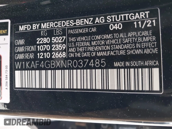 2022 Mercedes-Benz C 300 with VIN W1KAF4GBXNR037485, listed as a IAAI auction lot 41901915 with 36,504 mi miles and . Bid and sale history available at DreamBid. Image 9.