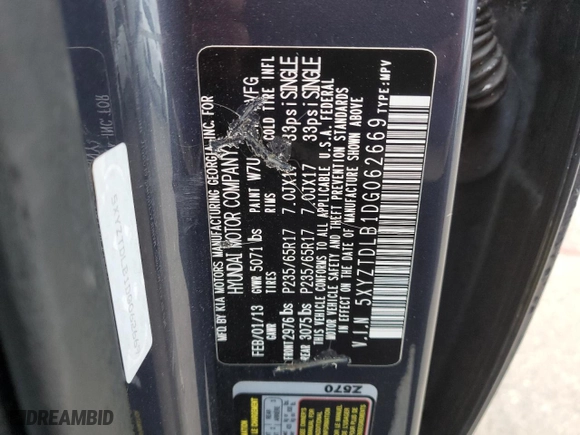 2013 Hyundai Santa Fe Sport with VIN 5XYZTDLB1DG062669, listed as a Copart auction lot 47769685 with 129,756 mi miles and Salvage Title. Bid and sale history available at carsss.com. Image 13.