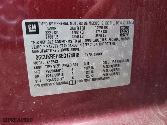 2014 Chevrolet Silverado 1500 LT with VIN 3GCUKREH6EG174818, listed as a Copart auction lot 65585994 with 155,520 mi miles and Salvage Title. Bid and sale history available at carsss.com. Image 12.