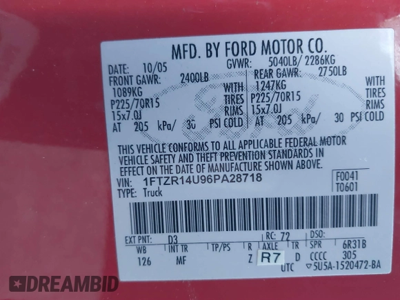 2006 Ford Ranger XL with VIN 1FTZR14U96PA28718, listed as a IAAI auction lot 41455024 with 108,084 mi miles and . Bid and sale history available at DreamBid. Image 9.