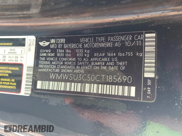2012 MINI Hardtop with VIN WMWSU3C50CT185690, listed as a IAAI auction lot 42367571 with 63,303 mi miles and . Bid and sale history available at DreamBid. Image 9.