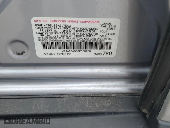 2016 Mitsubishi Outlander SE with VIN JA4AD3A32GZ036730, listed as a Copart auction lot 59805085 with 92,284 mi miles and Salvage title. Bid and sale history available at DreamBid. Image 14.