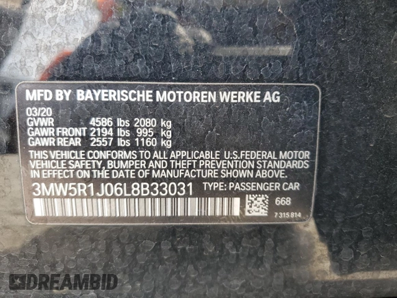 2020 BMW 3 Series 330i with VIN 3MW5R1J06L8B33031, listed as a Copart auction lot 56064325 with 85,138 mi miles and Salvage title. Bid and sale history available at DreamBid. Image 12.