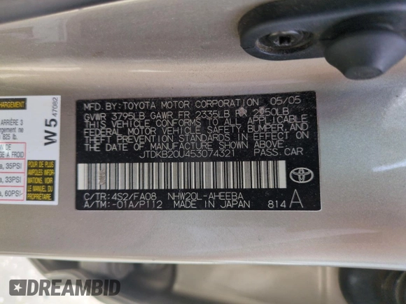 2005 Toyota Prius z VIN JTDKB20U453074321, wystawiony jako Copart lot #58217285 z przebiegiem 299 999 mil mil oraz Szkoda całkowita • Salvage title. Historia ofert i sprzedaży dostępna na DreamBid. Obrazek 13.