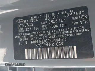 2023 Hyundai Elantra SEL with VIN KMHLM4AG9PU444013, listed as a IAAI auction lot 41933580 with 56,709 mi miles and . Bid and sale history available at DreamBid. Image 9.