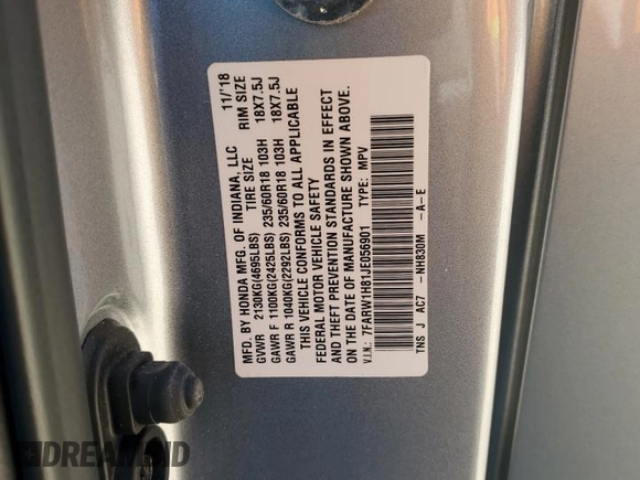 2018 Honda CR-V EX-L with VIN 7FARW1H81JE056901, listed as a Copart auction lot 50576385 with 17,431 mi miles and Salvage Title. Bid and sale history available at carsss.com. Image 13.