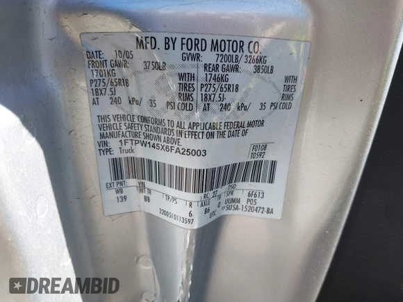2006 Ford F-150 XLT с VIN 1FTPW145X6FA25003, выставлен на аукционе IAAI как лот 41758501 с пробегом 231 009 миль миль и . История ставок и продаж доступна на DreamBid. Изображение 9.