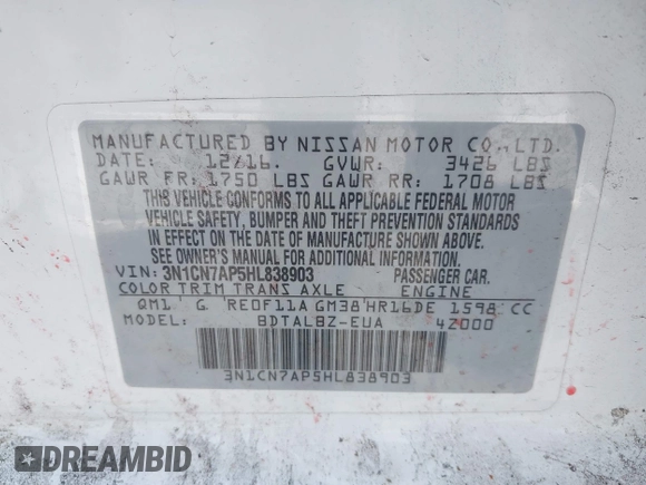 2017 Nissan Versa SV с VIN 3N1CN7AP5HL838903, выставлен на аукционе IAAI как лот 42260851 с пробегом 142 508 миль миль и . История ставок и продаж доступна на DreamBid. Изображение 9.