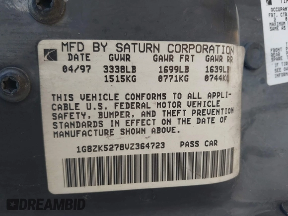 1997 Saturn SL with VIN 1G8ZK5278VZ364723, listed as a IAAI auction lot 42529933 with 219,508 mi miles and . Bid and sale history available at DreamBid. Image 9.