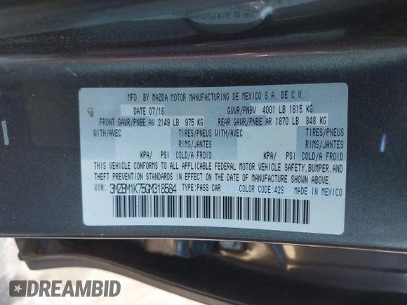 2016 Mazda 3 i Sport with VIN 3MZBM1K75GM318584, listed as a IAAI auction lot 41595480 with 220,023 mi miles and . Bid and sale history available at DreamBid. Image 9.