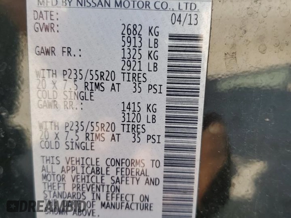 2013 Infiniti JX35 with VIN 5N1AL0MMXDC345884, listed as a Copart auction lot 71356404 with 150,655 mi miles and Salvage Title. Bid and sale history available at carsss.com. Image 13.