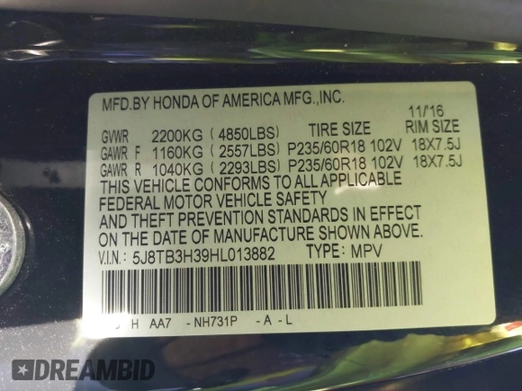 2017 Acura RDX with VIN 5J8TB3H39HL013882, listed as a IAAI auction lot 41049316 with 87,100 mi miles. Bid and sale history available at carsss.com. Image 9.