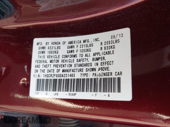 2013 Honda Accord Sdn EX-L with VIN 1HGCR2F8XDA201465, listed as a IAAI auction lot 41902675 with 135,486 mi miles. Bid and sale history available at carsss.com. Image 9.