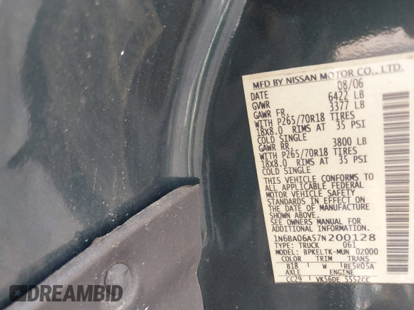 2007 Nissan Titan LE with VIN 1N6BA06A57N200128, listed as a IAAI auction lot 42223329 with 200,066 mi miles and . Bid and sale history available at DreamBid. Image 9.