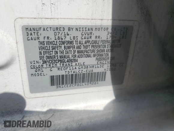 2016 Nissan Note S with VIN 3N1CE2CP8GL409284, listed as a Copart auction lot 54605035 with 79,946 mi miles and Clean Title. Bid and sale history available at DreamBid. Image 12.
