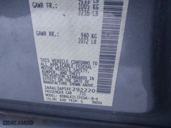 2015 Nissan Altima 2.5 S with VIN 1N4AL3AP5FC292220, listed as a IAAI auction lot 41635850 with 93,652 mi miles. Bid and sale history available at carsss.com. Image 9.