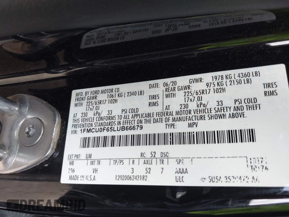2020 Ford Escape S with VIN 1FMCU0F65LUB66679, listed as a IAAI auction lot 42531877 with 58,071 mi miles and . Bid and sale history available at DreamBid. Image 9.