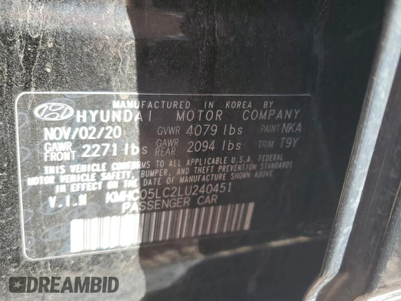 2020 Hyundai Ioniq Limited with VIN KMHC05LC2LU240451, listed as a Copart auction lot 47824335 with 89,633 mi miles and Salvage Title. Bid and sale history available at DreamBid. Image 12.