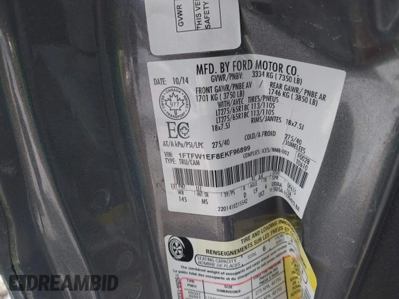 2014 Ford F-150 XL с VIN 1FTFW1EF8EKF96899, выставлен на аукционе IAAI как лот 41512811 с пробегом 79 070 миль миль и . История ставок и продаж доступна на DreamBid. Изображение 9.