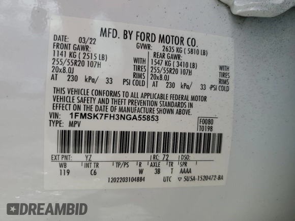 2022 Ford Explorer Limited с VIN 1FMSK7FH3NGA55853, выставлен на аукционе Copart как лот 64691995 с пробегом 57 031 миль миль и Чистый • Clean title. История ставок и продаж доступна на DreamBid. Изображение 12.