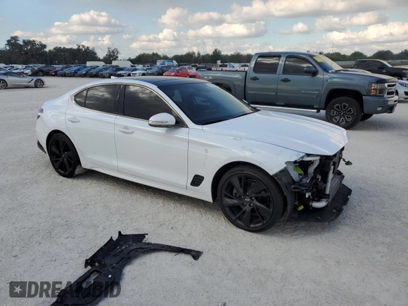 2023 Genesis G70 2.0T with VIN KMTG34TA4PU104576, listed as a Copart auction lot 85082044 with 28,821 mi miles and Salvage Title. Bid and sale history available at DreamBid. Image 4.