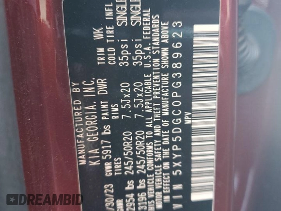 2023 Kia Telluride SX с VIN 5XYP5DGC0PG389623, выставлен на аукционе Copart как лот 52812025 с пробегом 33 391 миль миль и На запчасти • Non repairable. История ставок и продаж доступна на DreamBid. Изображение 16.