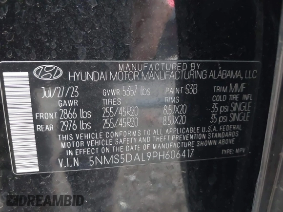 2023 Hyundai Santa Fe Calligraphy with VIN 5NMS5DAL9PH606417, listed as a IAAI auction lot 42349495 with 13,417 mi miles and . Bid and sale history available at DreamBid. Image 9.