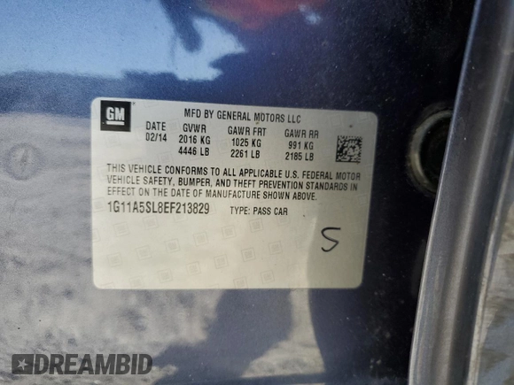 2014 Chevrolet Malibu LS with VIN 1G11A5SL8EF213829, listed as a Copart auction lot 47985585 with 76,350 mi miles and Salvage Title. Bid and sale history available at DreamBid. Image 12.