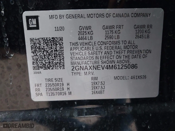 2021 Chevrolet Equinox Premier with VIN 2GNAXNEV4M6125086, listed as a IAAI auction lot 41475387 with 53,387 mi miles. Bid and sale history available at carsss.com. Image 9.