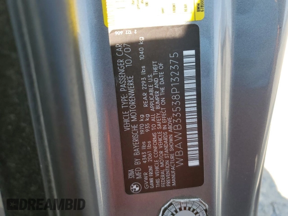 2008 BMW 3 Series 328i with VIN WBAWB33538P132375, listed as a Copart auction lot 59136785 with 113,044 mi miles and Salvage title. Bid and sale history available at DreamBid. Image 12.