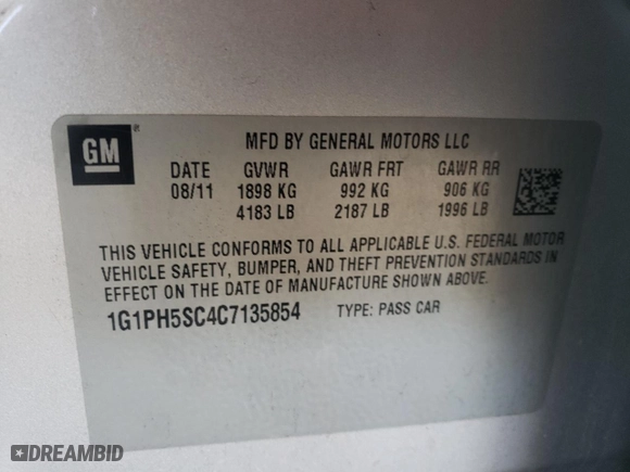 2012 Chevrolet Cruze LTZ with VIN 1G1PH5SC4C7135854, listed as a Copart auction lot 50273535 with 163,430 mi miles and Clean Title. Bid and sale history available at carsss.com. Image 12.