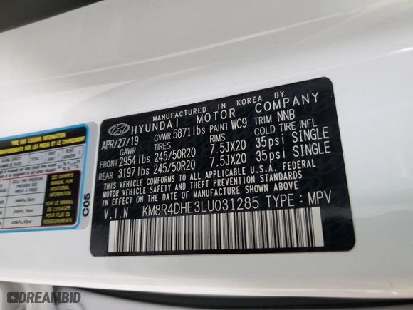 2020 Hyundai Palisade SEL with VIN KM8R4DHE3LU031285, listed as a Copart auction lot 44821085 with 93,425 mi miles and Salvage Title. Bid and sale history available at carsss.com. Image 13.