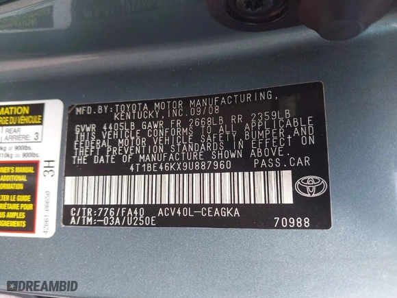 2009 Toyota Camry with VIN 4T1BE46KX9U887960, listed as a IAAI auction lot 41727053 with 130,300 mi miles. Bid and sale history available at carsss.com. Image 9.