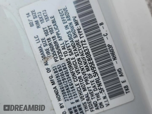 2014 Honda Odyssey Touring with VIN 5FNRL5H95EB083772, listed as a Copart auction lot 56713525 with 215,833 mi miles and Salvage title. Bid and sale history available at DreamBid. Image 13.