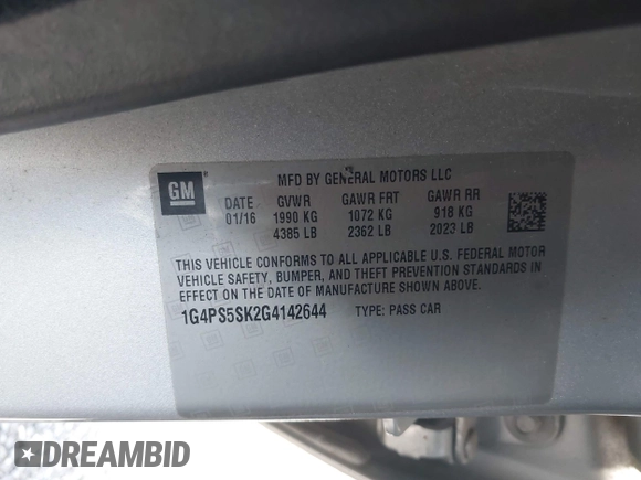 2016 Buick Verano Group with VIN 1G4PS5SK2G4142644, listed as a IAAI auction lot 42722651 with 197,716 mi miles and . Bid and sale history available at DreamBid. Image 9.