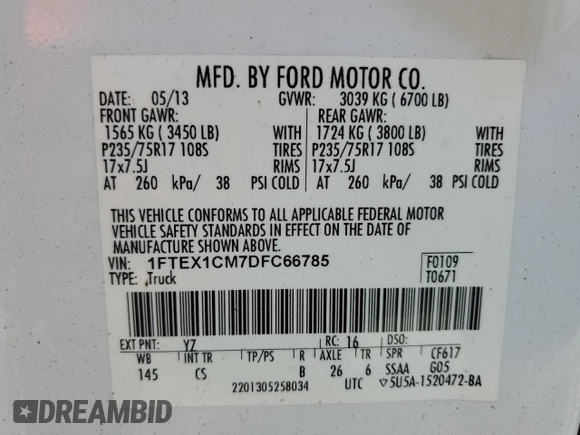 2013 Ford F-150 XL с VIN 1FTEX1CM7DFC66785, выставлен на аукционе Copart как лот 59235995 с пробегом 227 227 миль миль и Чистый • Clean title. История ставок и продаж доступна на DreamBid. Изображение 12.