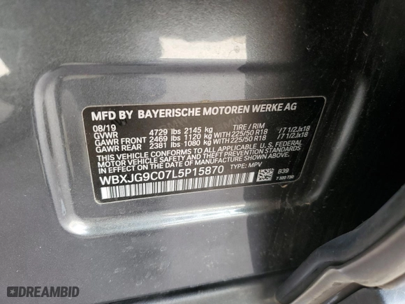 2020 BMW X1 xDrive28i with VIN WBXJG9C07L5P15870, listed as a Copart auction lot 44561265 with 58,819 mi miles and Salvage Title. Bid and sale history available at carsss.com. Image 15.
