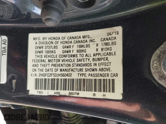 2018 Honda Civic LX with VIN 2HGFC2F53JH560402, listed as a IAAI auction lot 42152391 with 75,384 mi miles and . Bid and sale history available at DreamBid. Image 9.