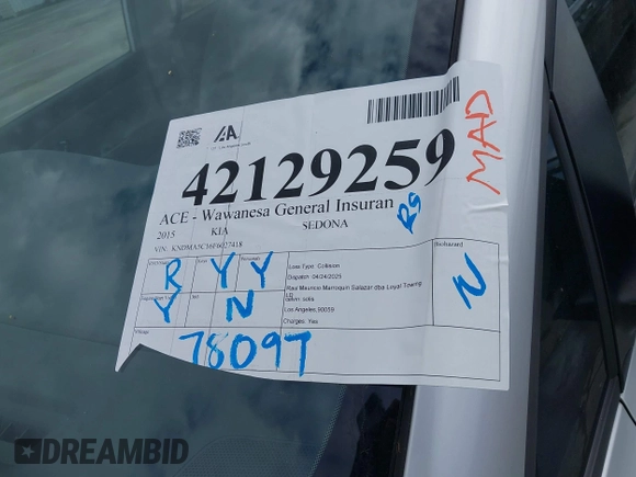 2015 Kia Sedona L with VIN KNDMA5C16F6027418, listed as a IAAI auction lot 42129259 with 78,097 mi miles. Bid and sale history available at carsss.com. Image 13.