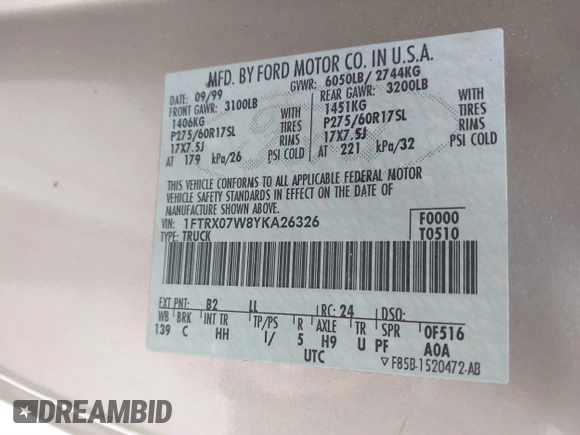 2000 Ford F-150 XL z VIN 1FTRX07W8YKA26326, wystawiony jako IAAI lot #41684242 z przebiegiem 222 808 mil mil oraz . Historia ofert i sprzedaży dostępna na DreamBid. Obrazek 9.