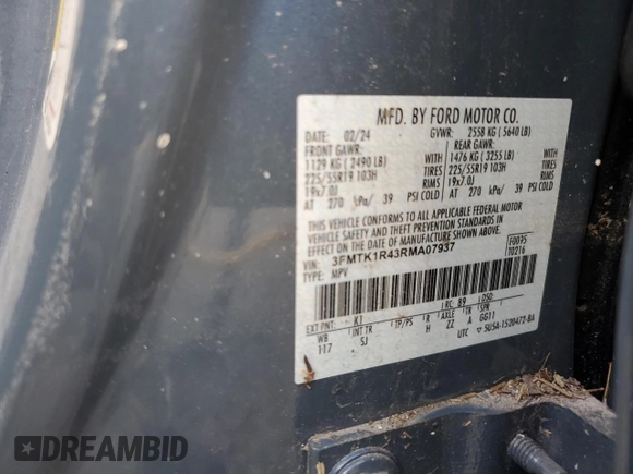 2024 Ford Mustang Mach-E Select with VIN 3FMTK1R43RMA07937, listed as a Copart auction lot 55364915 with Not provided miles and Salvage title. Bid and sale history available at DreamBid. Image 12.