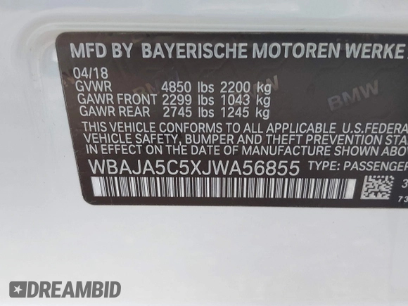 2018 BMW 5 Series 530i with VIN WBAJA5C5XJWA56855, listed as a IAAI auction lot 41128814 with Not Provided miles and . Bid and sale history available at DreamBid. Image 9.