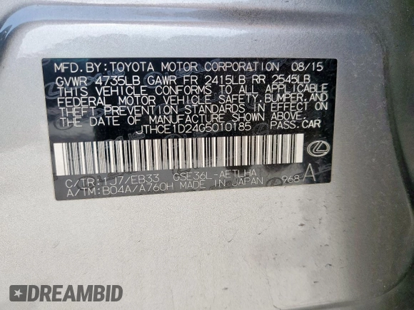 2016 Lexus IS 350 with VIN JTHCE1D24G5010185, listed as a Copart auction lot 57132225 with 112,452 mi miles and Salvage title. Bid and sale history available at DreamBid. Image 12.