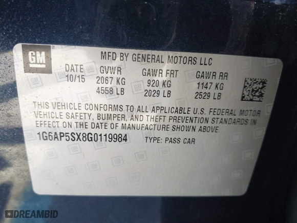 2016 Cadillac CTS Sedan RWD with VIN 1G6AP5SX8G0119984, listed as a IAAI auction lot 41679567 with 98,592 mi miles. Bid and sale history available at carsss.com. Image 9.