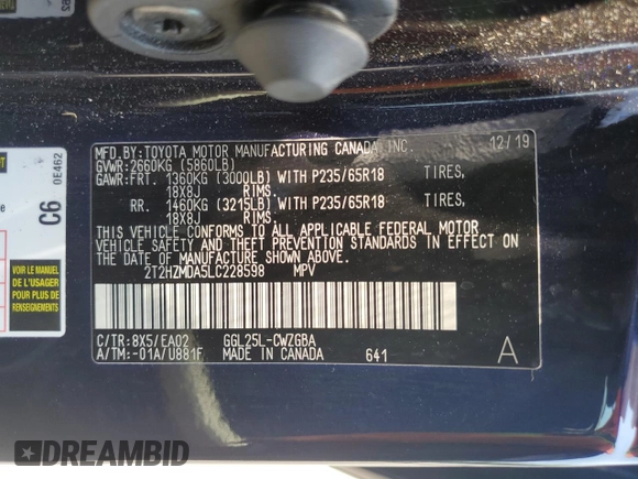 2020 Lexus RX 350 with VIN 2T2HZMDA5LC228598, listed as a Copart auction lot 62967175 with 22,333 mi miles and Salvage title. Bid and sale history available at DreamBid. Image 13.