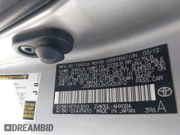 2012 Toyota Prius One with VIN JTDKN3DU6C5420412, listed as a IAAI auction lot 41655584 with 161,388 mi miles and . Bid and sale history available at DreamBid. Image 9.